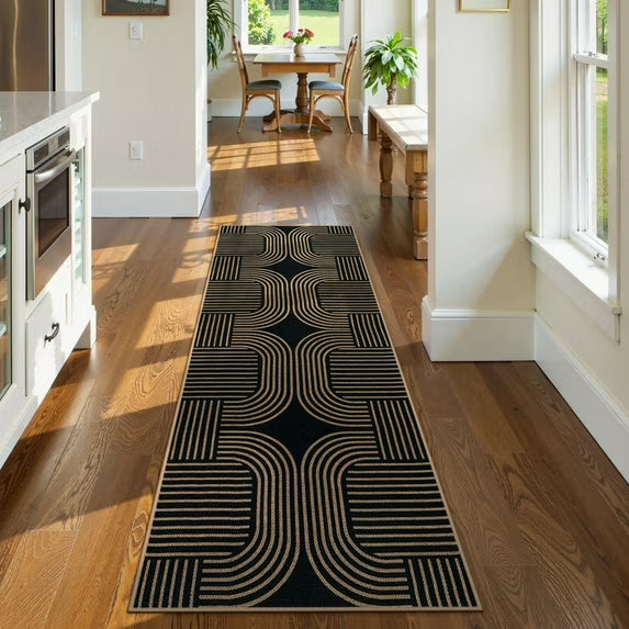 RUG ROBOT Modern Geometric Area Rugs for Living Room, Washable Easy Jute Black Indoor Outdoor Rugs for Entryway Non Slip, Farmhouse Accent Carpet for Bedroom Patio Courtyard