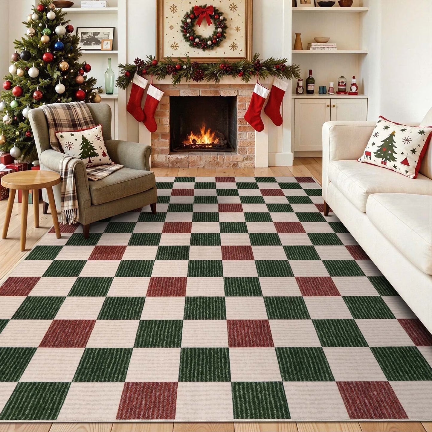 RUG ROBOT Christmas Area Rugs for Living Room, Checkered Machine Washable Large Carpet Rugs for Dining Room, Non Slip Soft Low Pile Farmhouse Geometric Modern Xmas decor Rugs for Bedroom