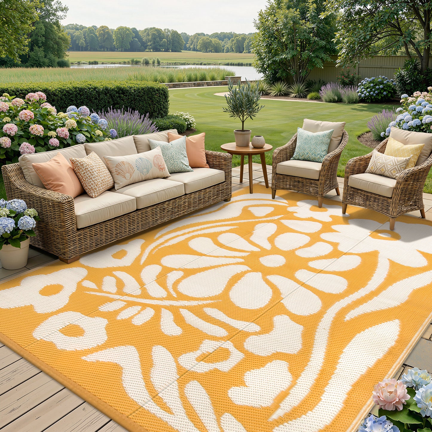 Lahome Outdoor RV Rug - Waterproof Reversible Plastic Straw Mat,Abstract Floral Pattern for Deck, Balcony & Camping