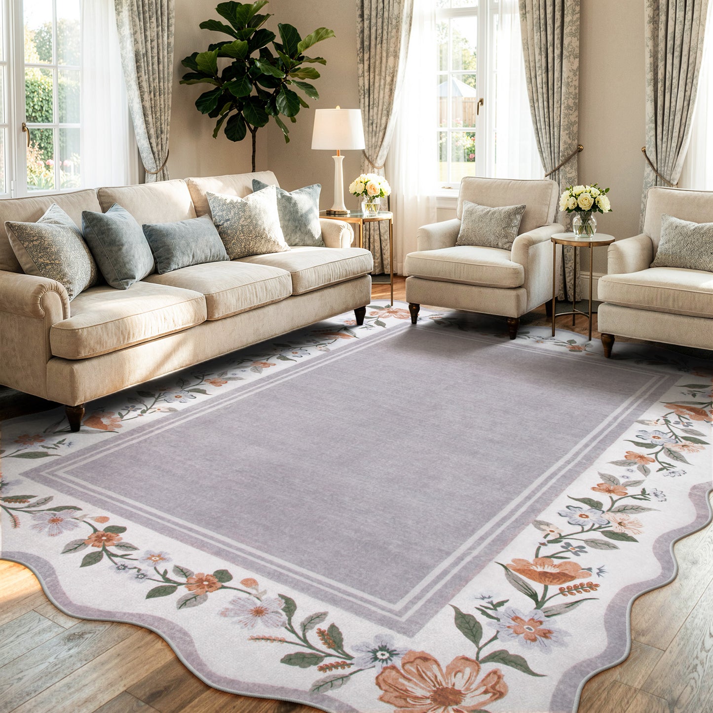 Lahome Floral Scalloped Area Rug for Living Room - Ultra-Thin Soft Washable Non-Slip Bedroom Stain Resistant Lightweight Boho Low-Pile Throw for Dining Room Office