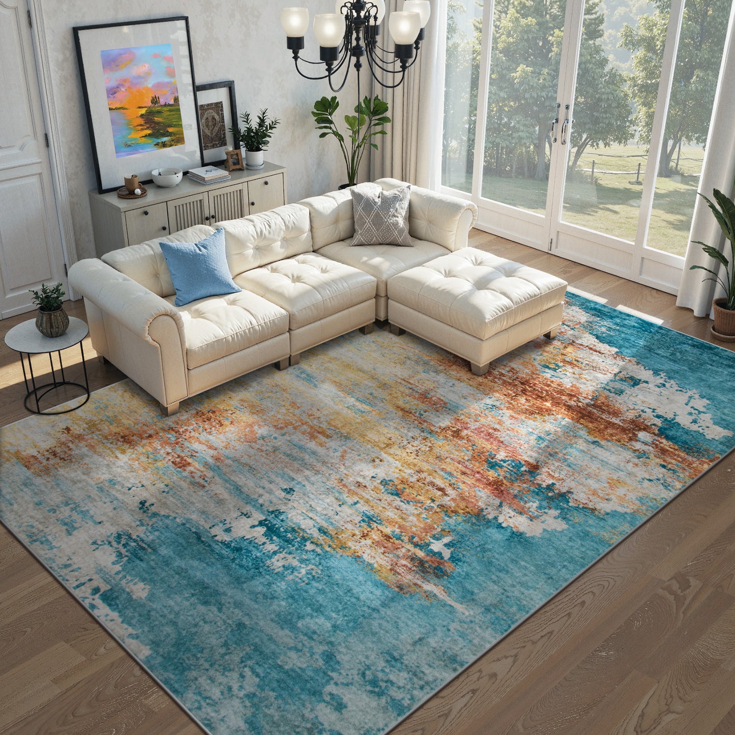 RUG ROBOT Abstract Living Room Rug, Soft Modern Washable Area Rugs for Bedroom Non Slip, Ultra Thin Foldable Low Pile Carpet for Dining Room Kitchen Bathroom Office