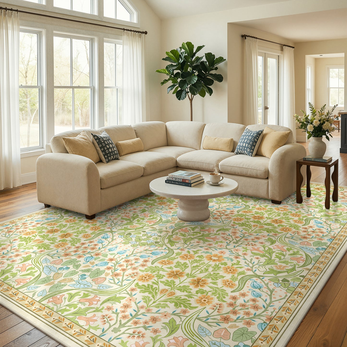 Lahome Washable Area Rug, Floral Rugs for Living Room, Non-Slip Soft Ultra Thin Boho Carpet for Bedroom Dining Room Under Table, Botanical Home Office Decor