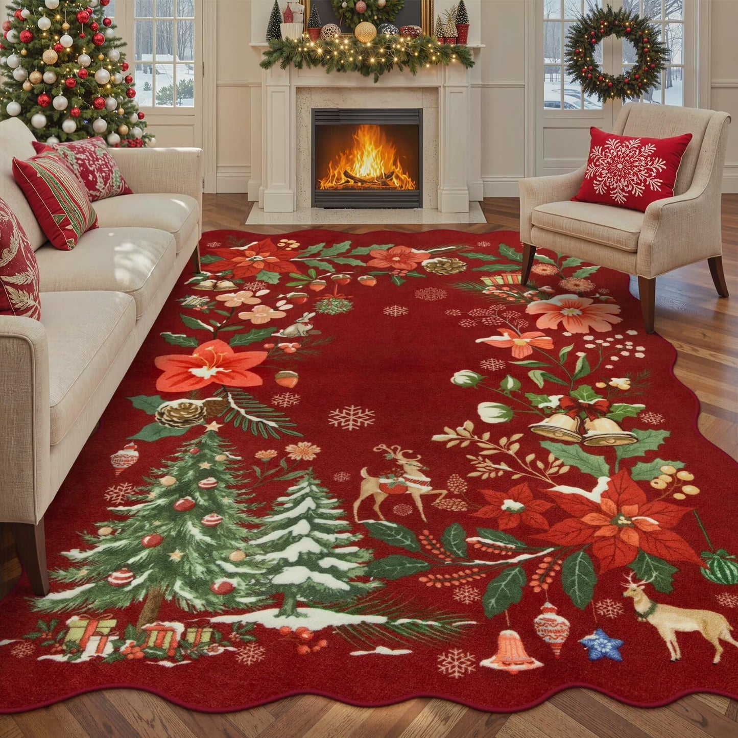 Moynesa Christmas Area Rug, Washable Area Rugs for Bedroom Entryway Xmas Throw Rug Christmas Tree Floral Decorative Boho Rug