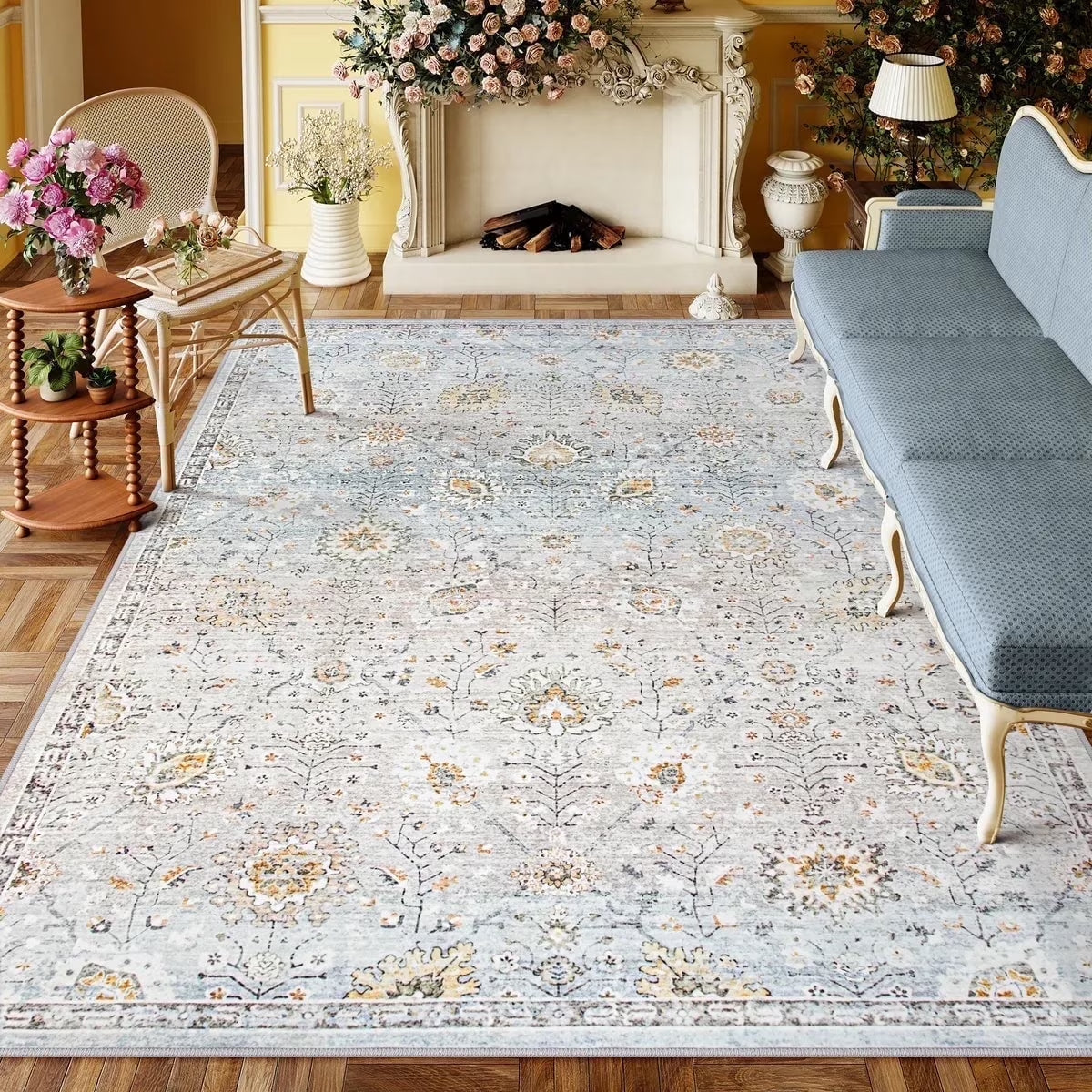 Wonnitar Boho Area Rug, Rugs for Bedroom Large Living Room Area Rugs Soft Floral Playroom Rug, Washable Rugs Non Slip Pastel Rug for Bedroom Living Room Carpet