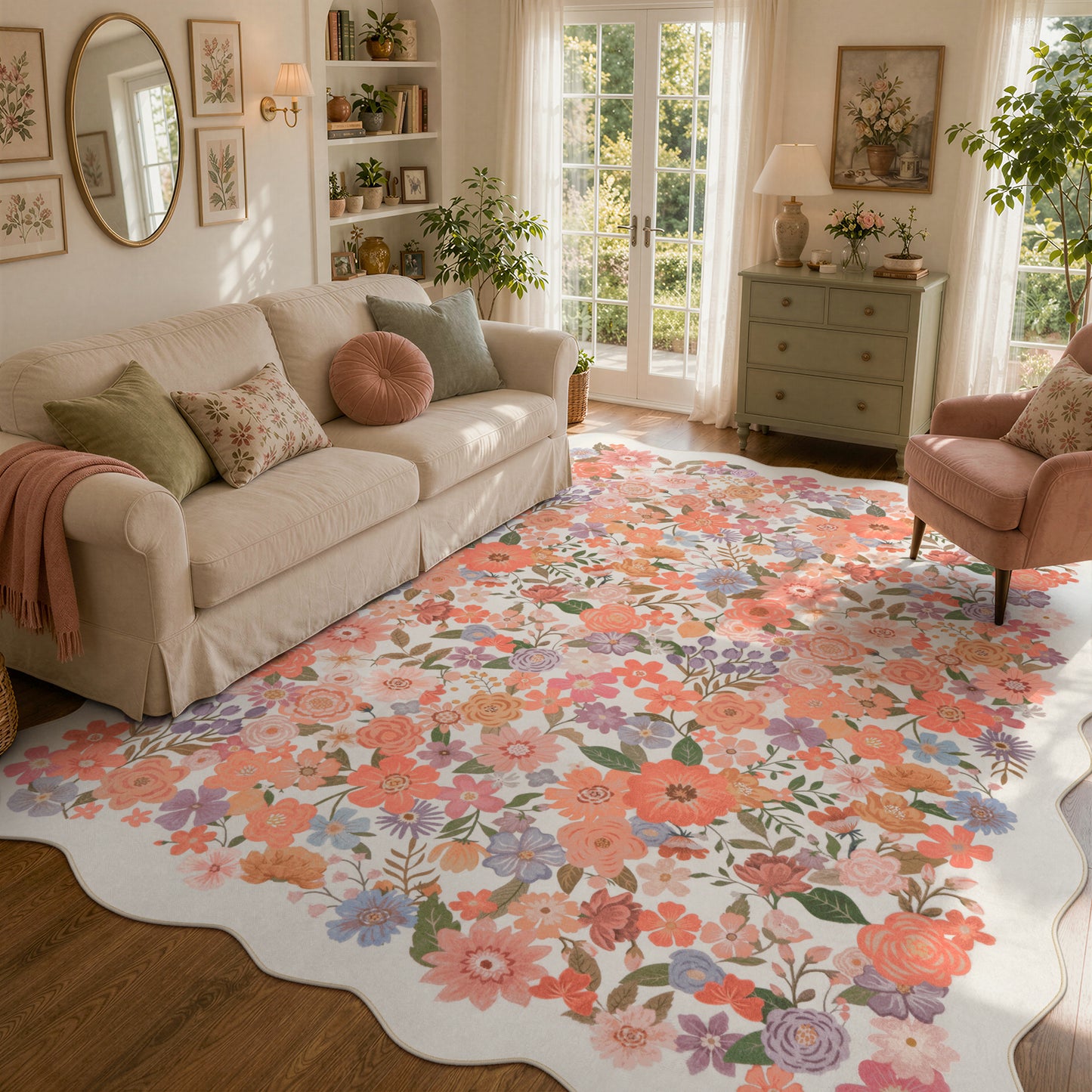 Lahome Floral Area Rug for Living Room ,Non Slip Rugs Machine Washable ,Indoor Floral Rug Low Pile Boho Rug for Bedroom Dining Room Office Farmhouse