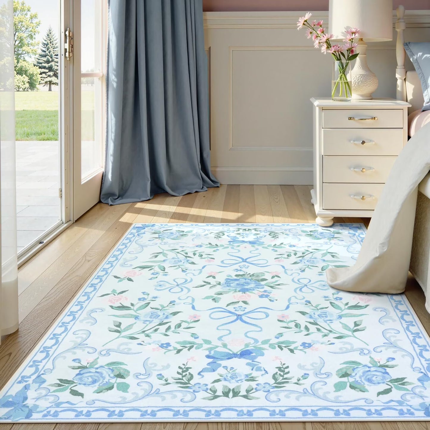 Wonnitar Bow Nursery Rug for Living Room Washable Area Rug forDorm, Cute Ultra-Thin Non Slip Indoor Decor Carpet for Kids Room Playroom