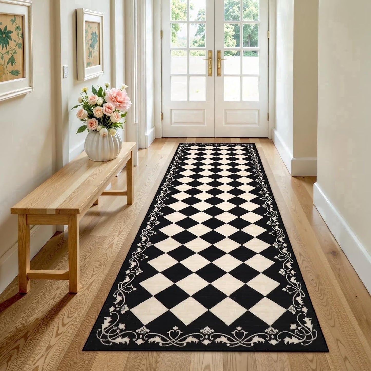RUG ROBOT Runner Rug for Hallway, Non Slip Washable Checkered Rug for Kitchen, Brown Neutral Bathroom Home Decor Plaid Diamond Low Pile Print Carpet for Entryway Bedroom Laundry