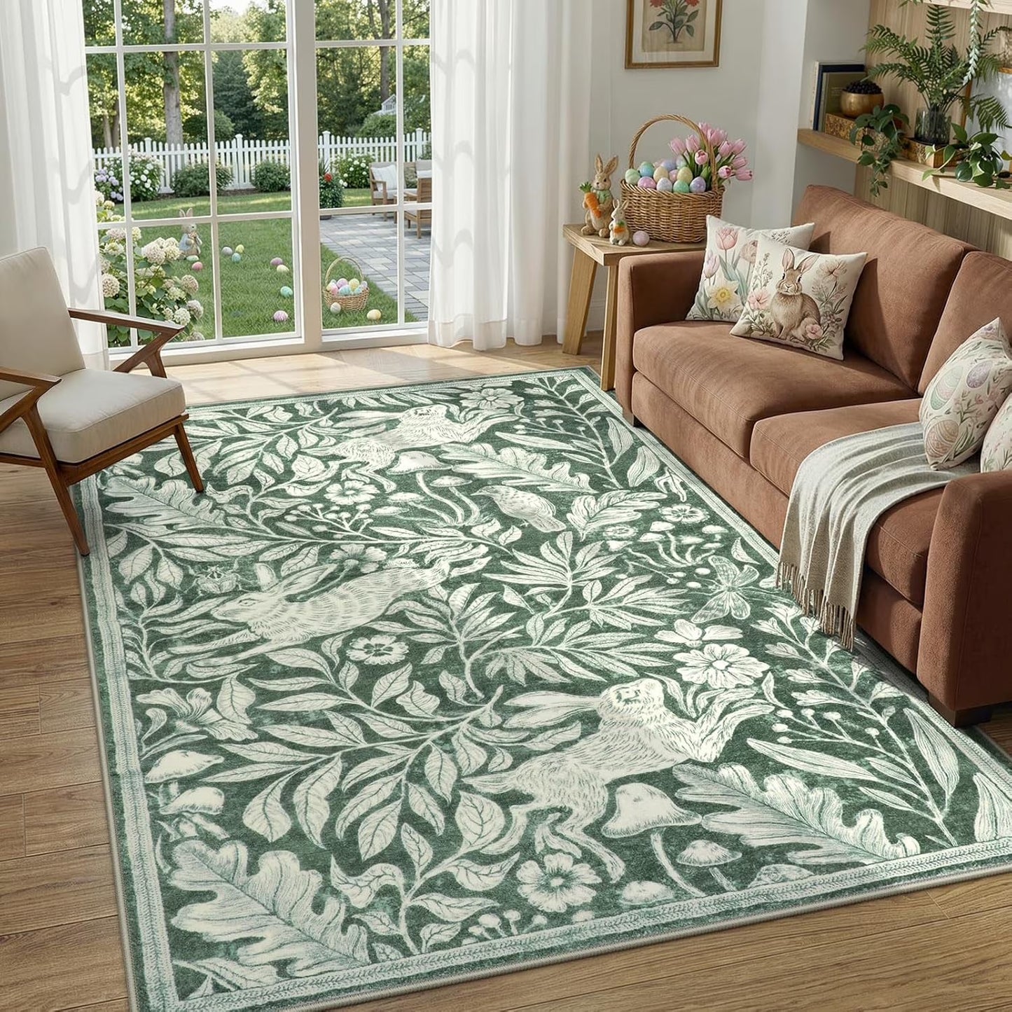 RUG ROBOT Area Rugs for Livingroom, Non-Slip Washable Area Rug for Bedroom, Diningroom, Nursery, Soft Whimsical Woodland Bunny Stain Indoor Carpet