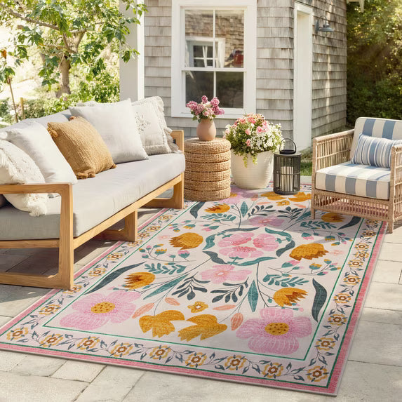 RUG ROBOT Washable Outdoor Rug, Non-Slip Yellow Floral Patio Rug, Breathable & Quick Drying RV Camping Rug, Portable Outdoor Carpet for Backyard Garden Deck Pool Balcony Picnic