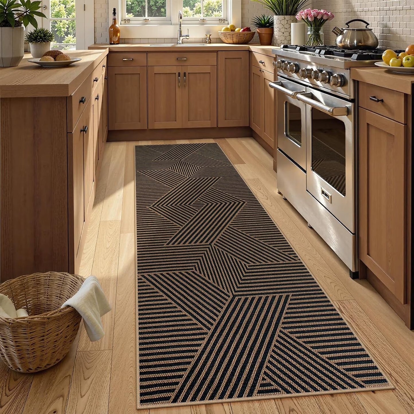 RUG ROBOT Modern Geometric Easy Jute Area Rug, Washable Indoor Rugs for Living Room Bedroom Entryway Rug Non Slip, Black Farmhouse Outdoor Carpet for Patio Courtyard Bedroom