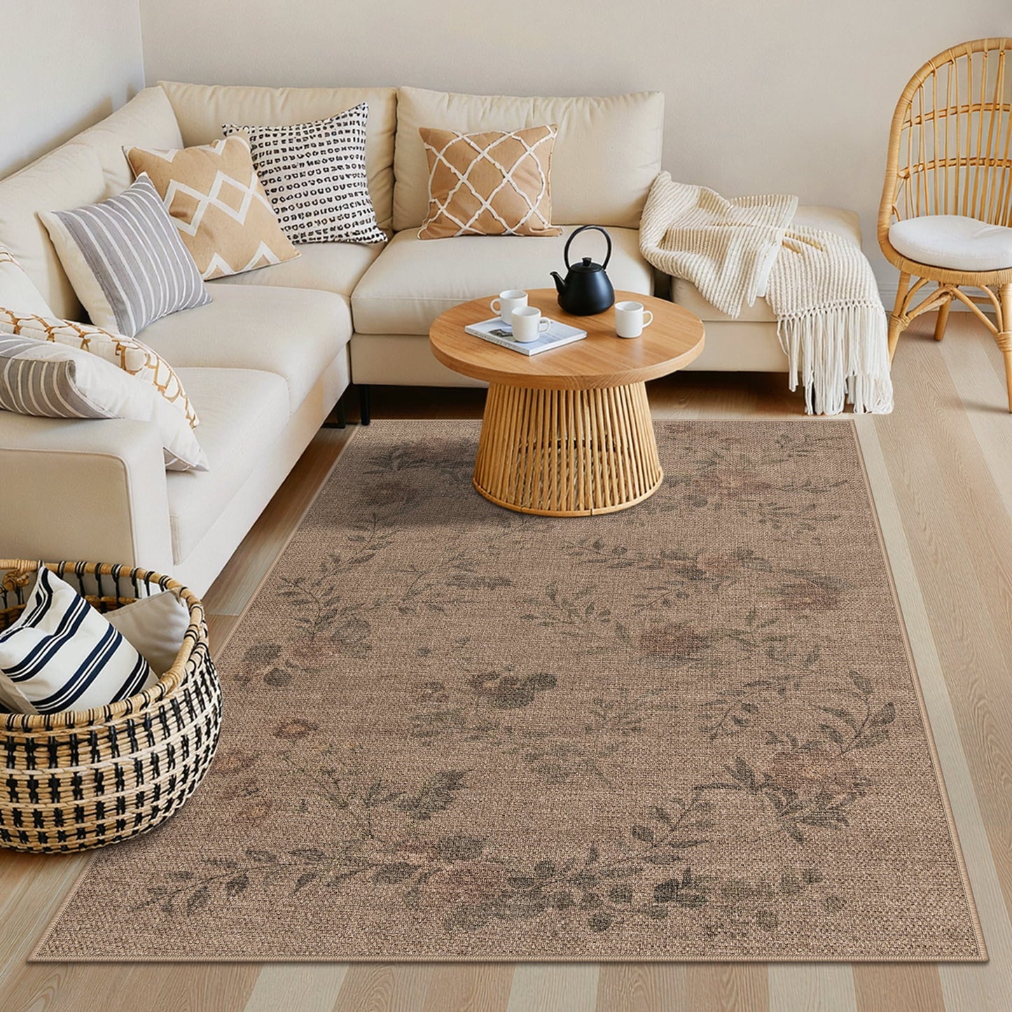 SUNDEREY Floral Easy Jute Rug,Area Rug Washable Bedroom Rug,Easy Jute Indoor Outdoor Carpet, Farmhouse Non Slip Khaki Floor Rug for Dining Room Office Entrance Kitchen