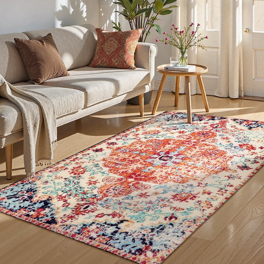 Wonnitar Bohemian Floral Medallion Area Rug,Oriental Distressed Bedroom Rug Country Vintage Faux Wool Indoor Throw Mat Non-Slip Washable Low-Pile Carpet for Bathroom Living Kitchen Laundry Room