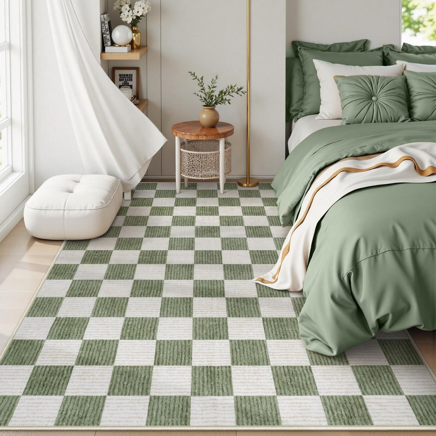 RUG ROBOT 5'x7' Washable Area Rugs for Living Room, Non-Slip Rugs for Bedroom, Farmhouse Checkered Rug, Soft Large Carpet for Kitchen Playroom, Green