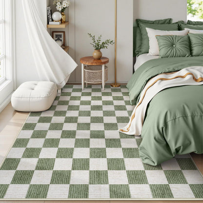 RUG ROBOT 5'x7' Washable Area Rugs for Living Room, Non-Slip Rugs for Bedroom, Farmhouse Checkered Rug, Soft Large Carpet for Kitchen Playroom, Green
