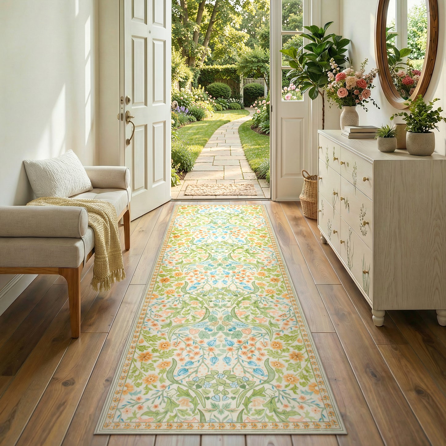 Lahome Washable Area Rug, Floral Rugs for Living Room, Non-Slip Soft Ultra Thin Boho Carpet for Bedroom Dining Room Under Table, Botanical Home Office Decor
