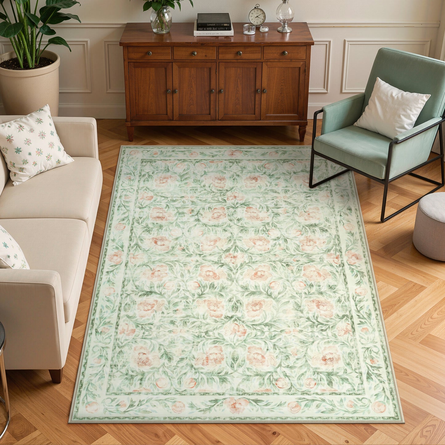 Lahome Decor Floral Living Room Rugs,Boho Area Rug for Bedroom Machine Washable Rug- Non-Slip Soft Indoor Carpet, Stain Resistant Low Pile for Farmhouse,Dining Room,Office