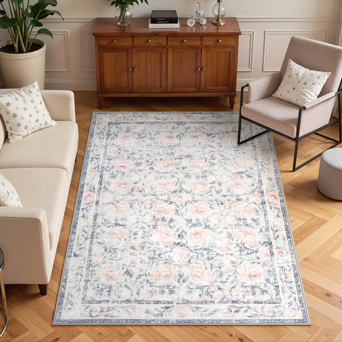 Lahome Decor Floral Living Room Rugs,Boho Area Rug for Bedroom Machine Washable Rug- Non-Slip Soft Indoor Carpet, Stain Resistant Low Pile for Farmhouse,Dining Room,Office