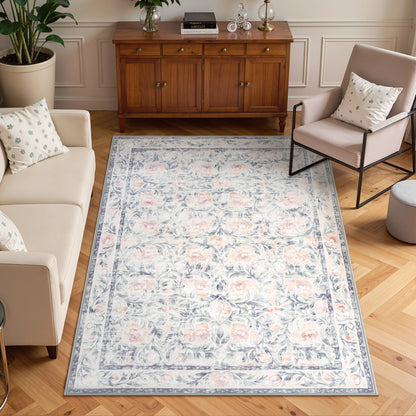 Lahome Decor Floral Living Room Rugs,Boho Area Rug for Bedroom Machine Washable Rug- Non-Slip Soft Indoor Carpet, Stain Resistant Low Pile for Farmhouse,Dining Room,Office