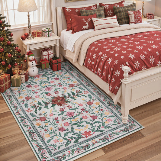 Lahome Christmas Rug, Vintage Rugs for Living Room, Washable Boho Bedroom Rug Non Slip Floral Mat, Soft Non Shedding Indoor Carpet for Kitchen Foyer Office Holiday Decorationation,Cream