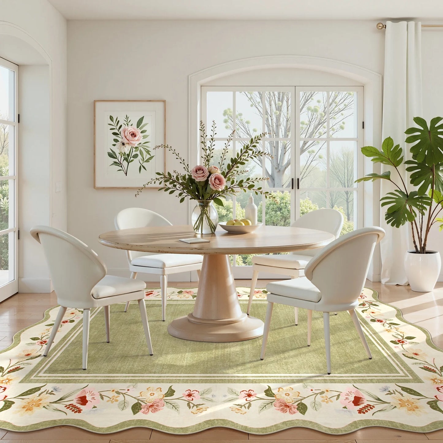 Lahome Floral Scalloped Area Rug for Living Room - Ultra-Thin Soft Washable Non-Slip Bedroom Stain Resistant Lightweight Boho Low-Pile Throw for Dining Room Office