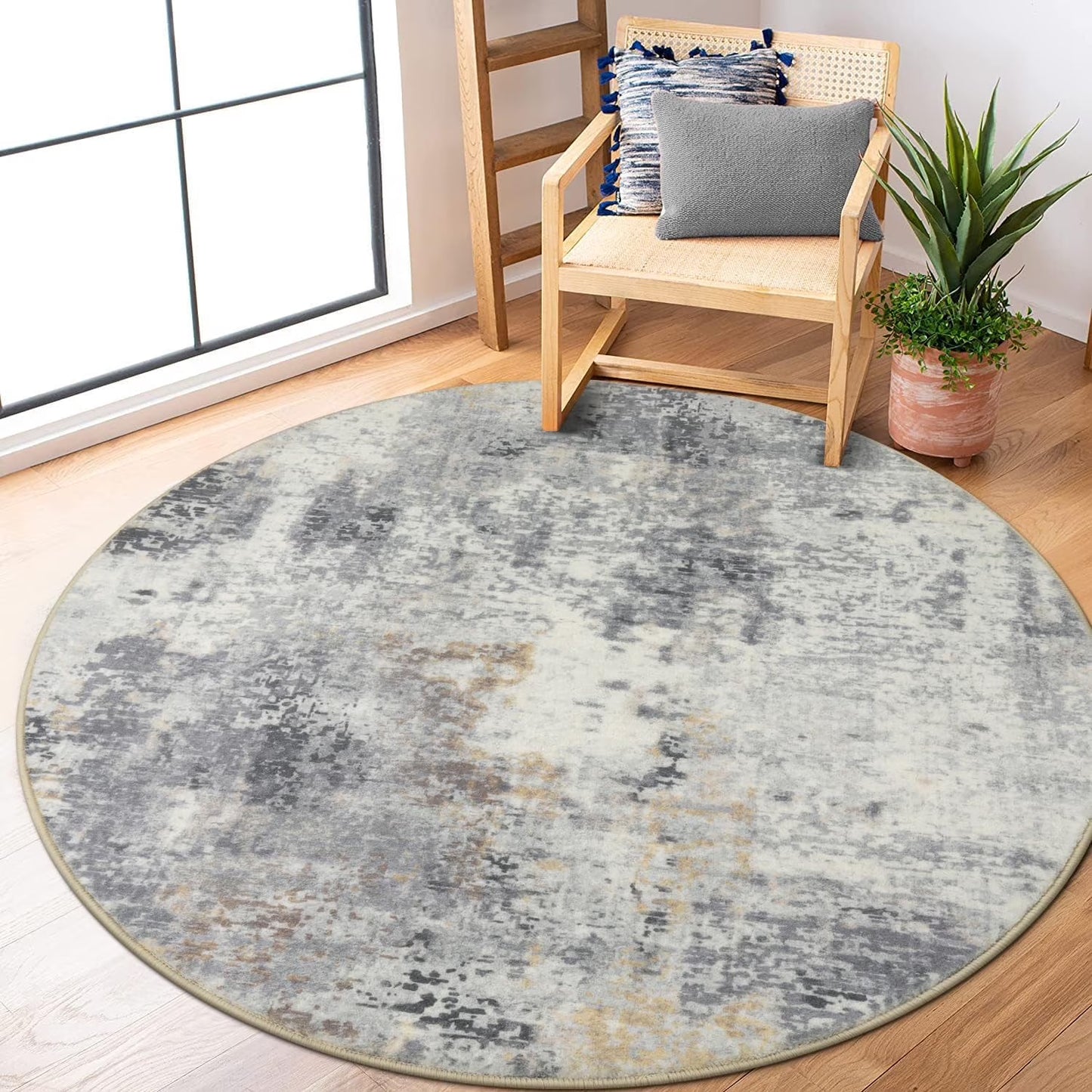 Moynesa Modern Abstract Round Rug,Gray Kitchen Rugs Soft Bedroom Circle Rugs Washable Living Room Mat, Contemporary Large Indoor Office Carpet for Mudroom Kitchen Apartment Basement