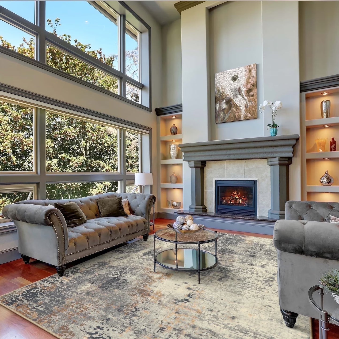 Moynesa Modern Abstract Round Rug,Gray Kitchen Rugs Soft Bedroom Circle Rugs Washable Living Room Mat, Contemporary Large Indoor Office Carpet for Mudroom Kitchen Apartment Basement