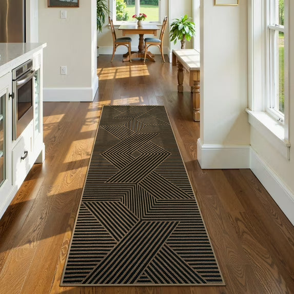 RUG ROBOT Modern Geometric Easy Jute Area Rug, Washable Indoor Rugs for Living Room Bedroom Entryway Rug Non Slip, Black Farmhouse Outdoor Carpet for Patio Courtyard Bedroom