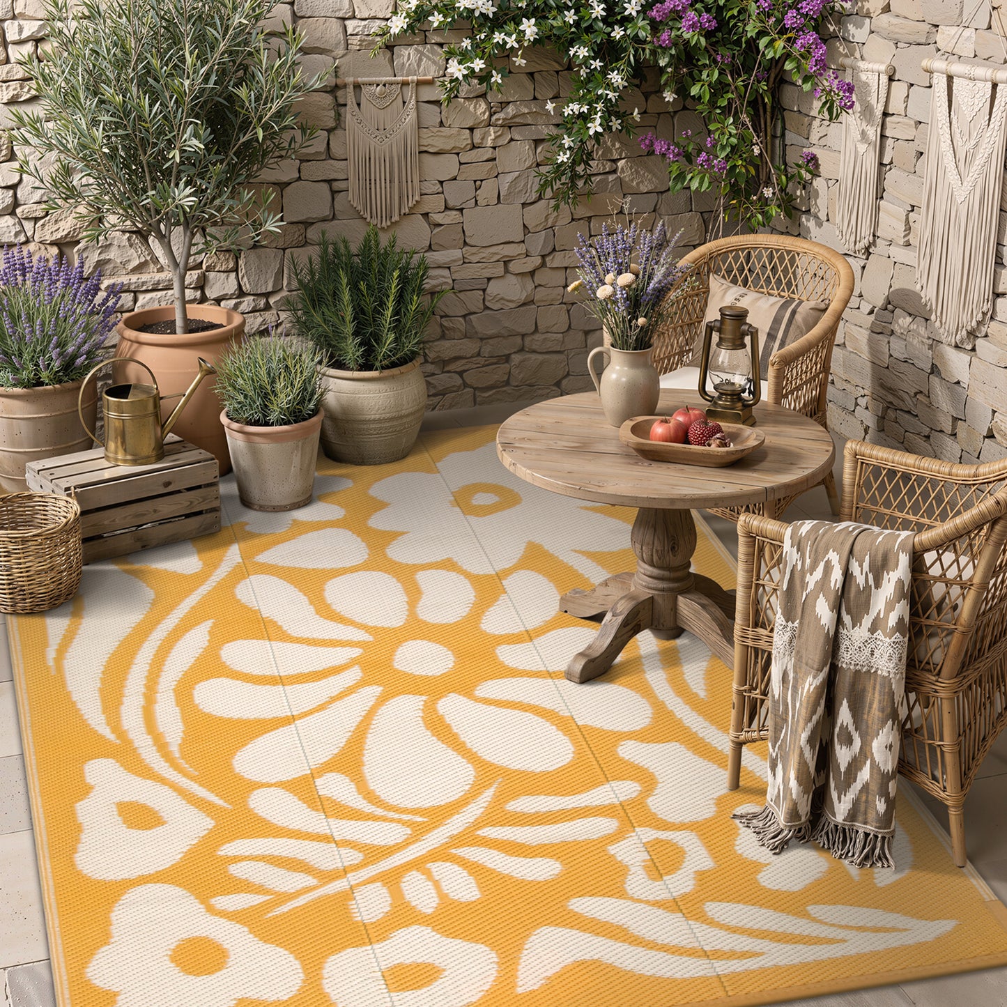 Lahome Outdoor RV Rug - Waterproof Reversible Plastic Straw Mat,Abstract Floral Pattern for Deck, Balcony & Camping