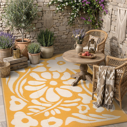 Lahome Outdoor RV Rug - Waterproof Reversible Plastic Straw Mat,Abstract Floral Pattern for Deck, Balcony & Camping