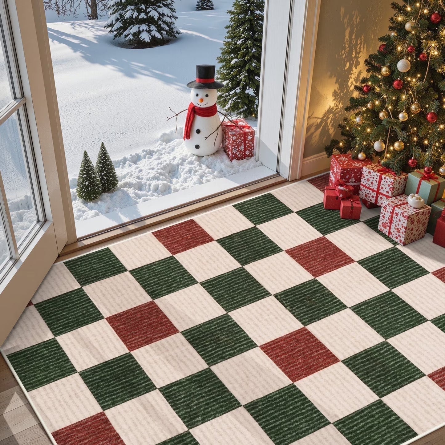 RUG ROBOT Christmas Area Rugs for Living Room, Checkered Machine Washable Large Carpet Rugs for Dining Room, Non Slip Soft Low Pile Farmhouse Geometric Modern Xmas decor Rugs for Bedroom