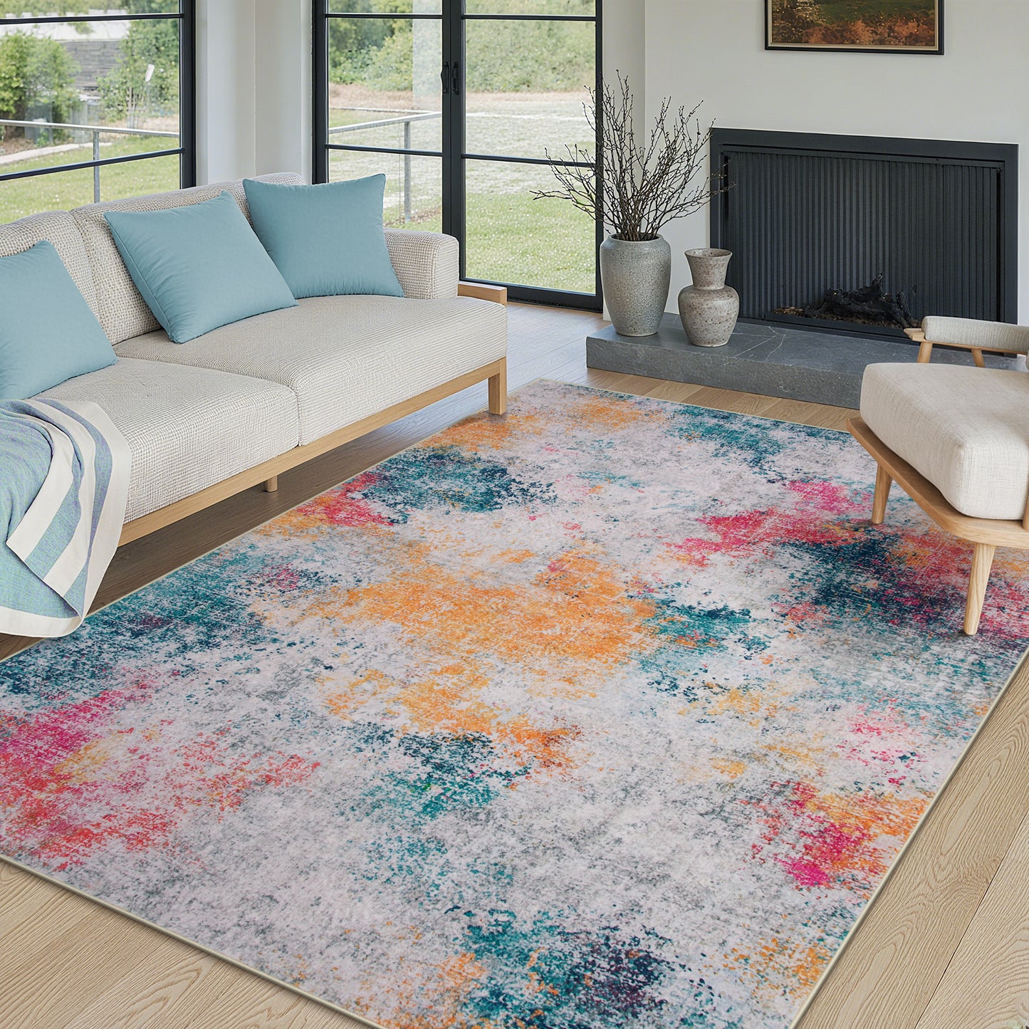 RUG ROBOT Abstract Living Room Rug, Soft Modern Washable Area Rugs for Bedroom Non Slip, Ultra Thin Foldable Low Pile Carpet for Dining Room Kitchen Bathroom Office