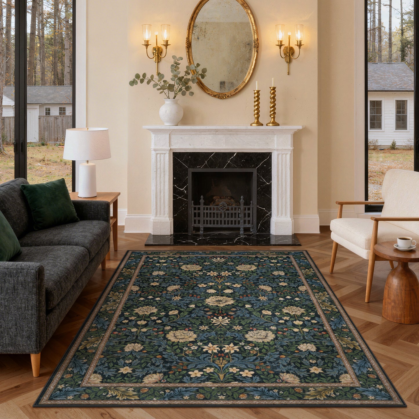 Lahome Non-Slip Washable Area Rug, Boho Floral Vintage Low-Pile Carpet for Living Room Bedroom Dining Room and Office, Stain Resistant Soft Indoor Mat
