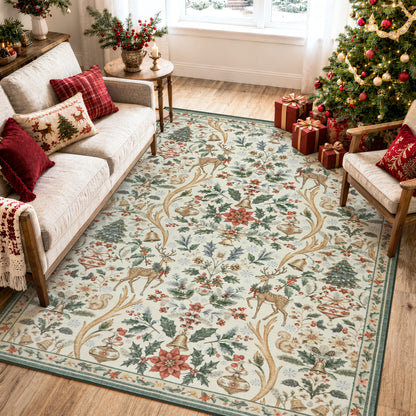 Lahome Christmas Area Rug, Vintage Holiday Washable Rugs for Living Room, Non-Slip Soft Large Carpet with Xmas Trees & Elk Design for Bedroom Dining Room Home Office Nursery
