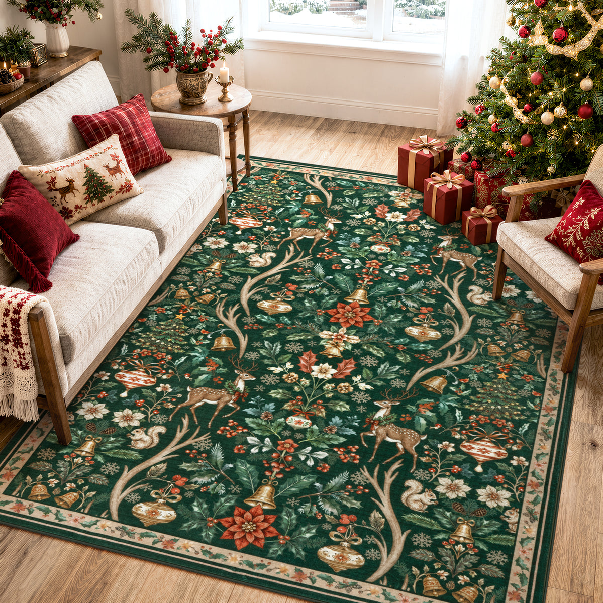Lahome Christmas Area Rug, Vintage Holiday Washable Rugs for Living Room, Non-Slip Soft Large Carpet with Xmas Trees & Elk Design for Bedroom Dining Room Home Office Nursery