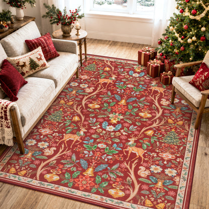 Lahome Christmas Area Rug, Vintage Holiday Washable Rugs for Living Room, Non-Slip Soft Large Carpet with Xmas Trees & Elk Design for Bedroom Dining Room Home Office Nursery