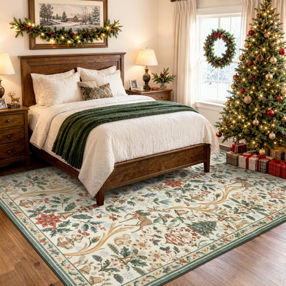 Lahome Christmas Area Rug, Vintage Holiday Washable Rugs for Living Room, Non-Slip Soft Large Carpet with Xmas Trees & Elk Design for Bedroom Dining Room Home Office Nursery