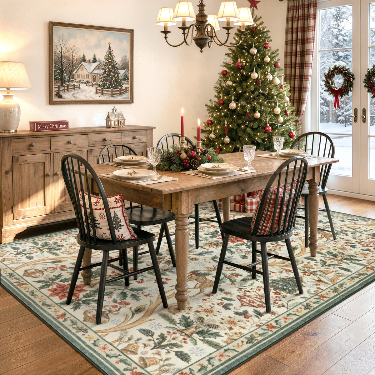 Lahome Christmas Area Rug, Vintage Holiday Washable Rugs for Living Room, Non-Slip Soft Large Carpet with Xmas Trees & Elk Design for Bedroom Dining Room Home Office Nursery