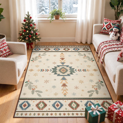 Wonnitar Christmas Area Rug, Washable Holiday Rug for Living Room, Red Southwestern Geometric Christmas Rug Non Slip Low Pile Winter Indoor Carpet for Bedroom Dining Room