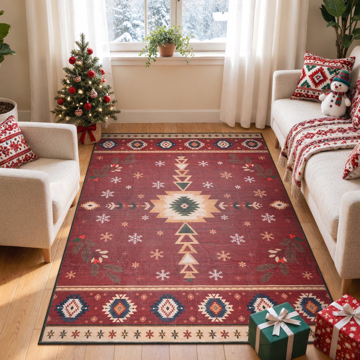 Wonnitar Christmas Area Rug, Washable Holiday Rug for Living Room, Red Southwestern Geometric Christmas Rug Non Slip Low Pile Winter Indoor Carpet for Bedroom Dining Room