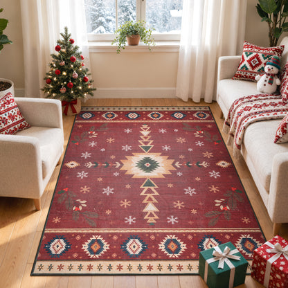 Wonnitar Christmas Area Rug, Washable Holiday Rug for Living Room, Red Southwestern Geometric Christmas Rug Non Slip Low Pile Winter Indoor Carpet for Bedroom Dining Room