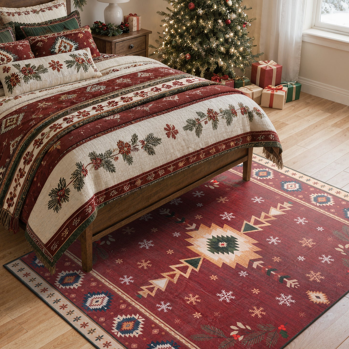 Wonnitar Christmas Area Rug, Washable Holiday Rug for Living Room, Red Southwestern Geometric Christmas Rug Non Slip Low Pile Winter Indoor Carpet for Bedroom Dining Room