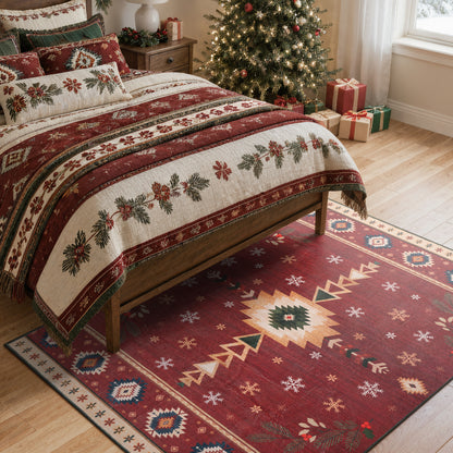Wonnitar Christmas Area Rug, Washable Holiday Rug for Living Room, Red Southwestern Geometric Christmas Rug Non Slip Low Pile Winter Indoor Carpet for Bedroom Dining Room