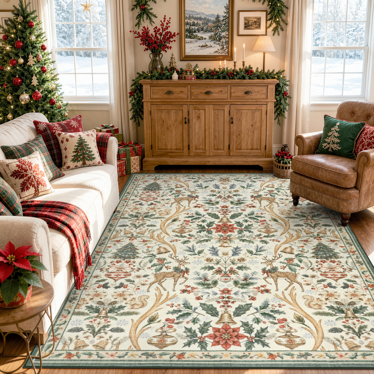 Lahome Christmas Area Rug, Vintage Holiday Washable Rugs for Living Room, Non-Slip Soft Large Carpet with Xmas Trees & Elk Design for Bedroom Dining Room Home Office Nursery