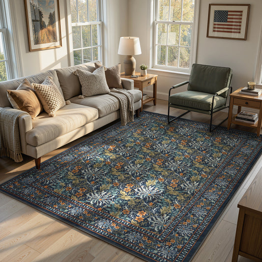 SUNDEREY Vintage Floral Area Rugs for Living Room, Washable Large Boho Area Rugs for Bedroom, Soft Non-Slip Thin William Morris Botanical Rug for Dining Room Home