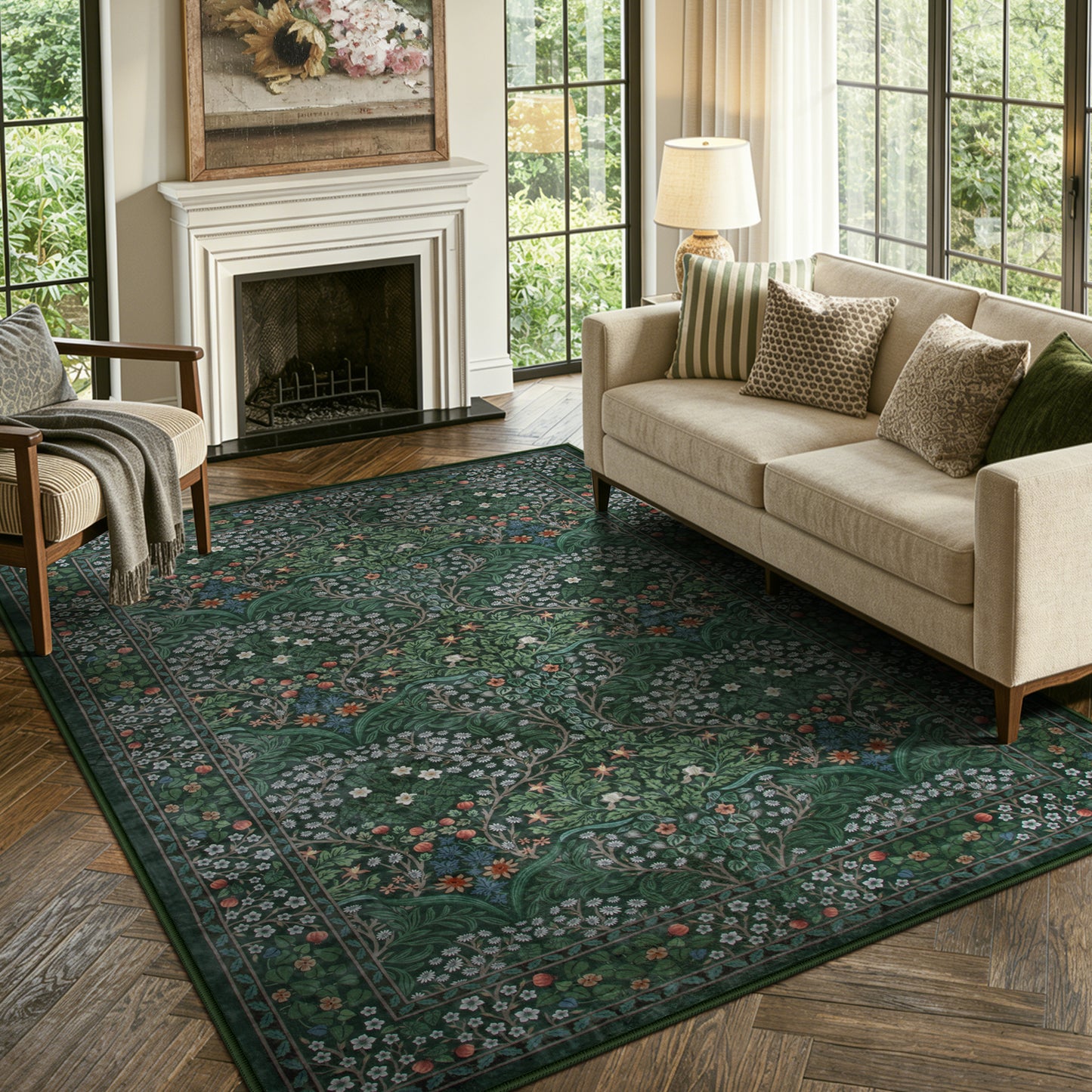 Lahome Floral Area Rugs – Soft Washable for Living Room & Bedroom, Boho Non Slip Low Pile Large Throw Carpet, Forest Stain Resistant, Ideal for Farmhouse Dining Room Office