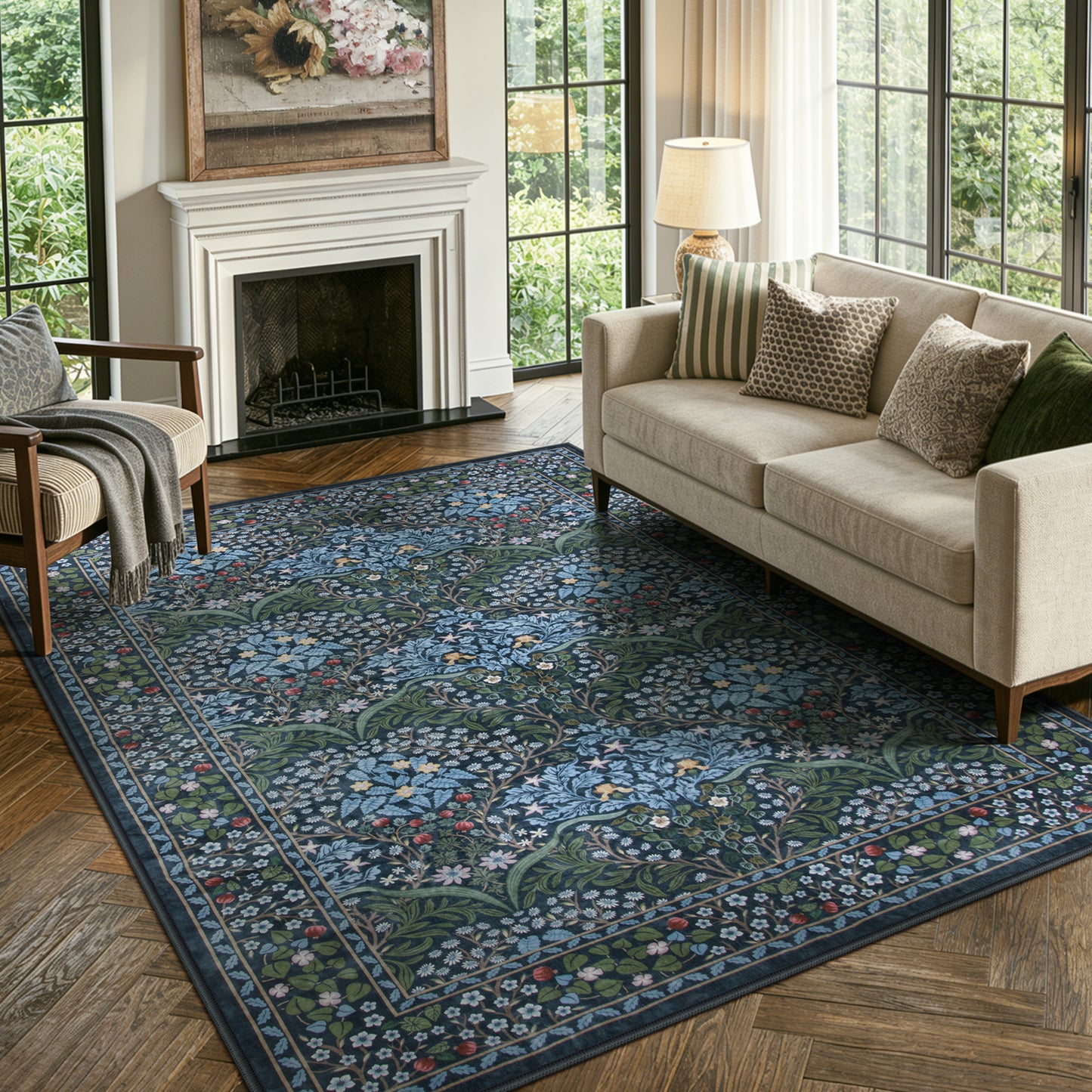Lahome Floral Area Rugs – Soft Washable for Living Room & Bedroom, Boho Non Slip Low Pile Large Throw Carpet, Forest Stain Resistant, Ideal for Farmhouse Dining Room Office