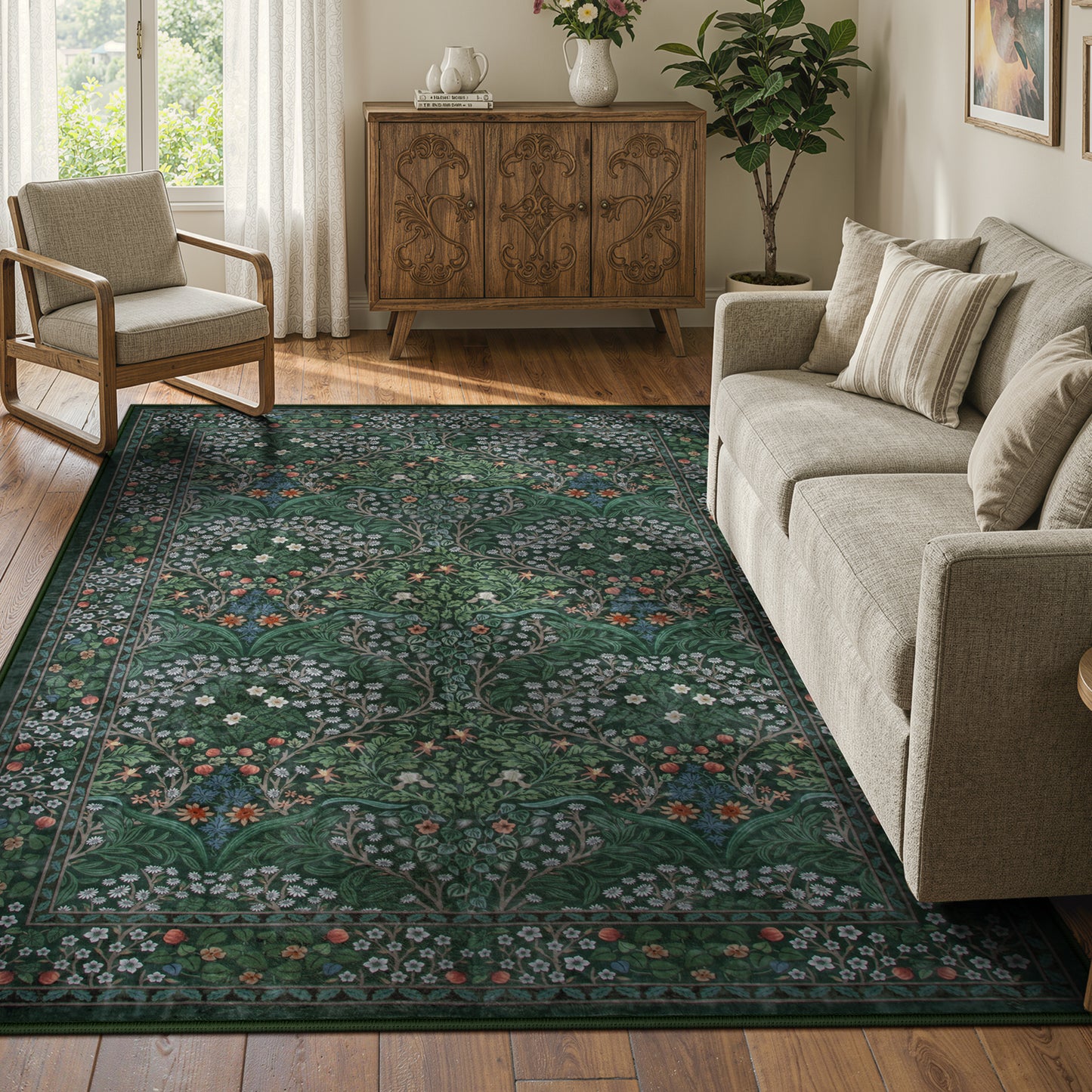 Lahome Floral Area Rugs – Soft Washable for Living Room & Bedroom, Boho Non Slip Low Pile Large Throw Carpet, Forest Stain Resistant, Ideal for Farmhouse Dining Room Office