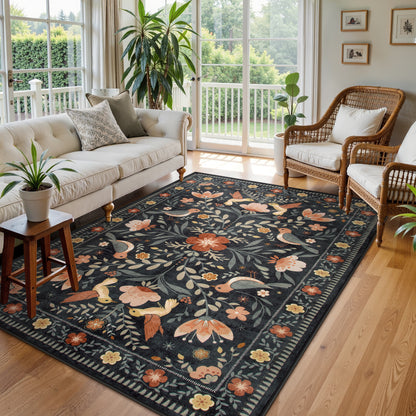 Lahome Decor Boho Bird Area Rugs,Floral Rug for Living Room Machine Washable,Soft Indoor Carpet,Non-Slip Low Pile for Bedroom Dining Room Playroom Office