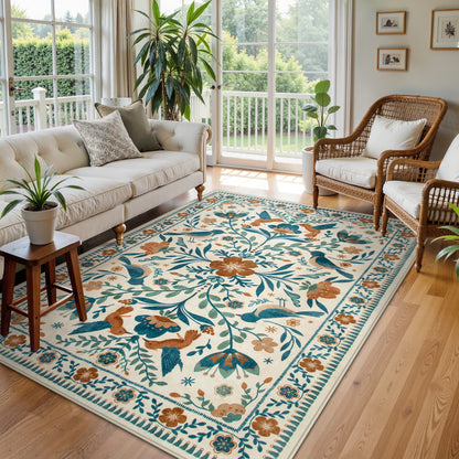 Lahome Decor Boho Bird Area Rugs,Floral Rug for Living Room Machine Washable,Soft Indoor Carpet,Non-Slip Low Pile for Bedroom Dining Room Playroom Office