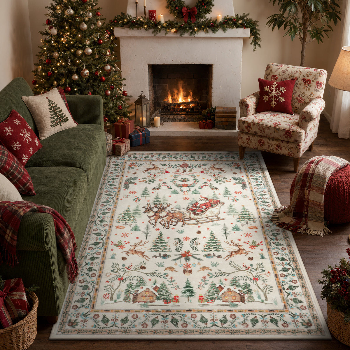 Lahome Decor  Christmas Area Rug, Washable Rug for Living Room, Non Slip Low Pile Soft Bedroom Rug Xmas Tree Elk Indoor Floor Carpet for Dining Room Winter Holiday Decor